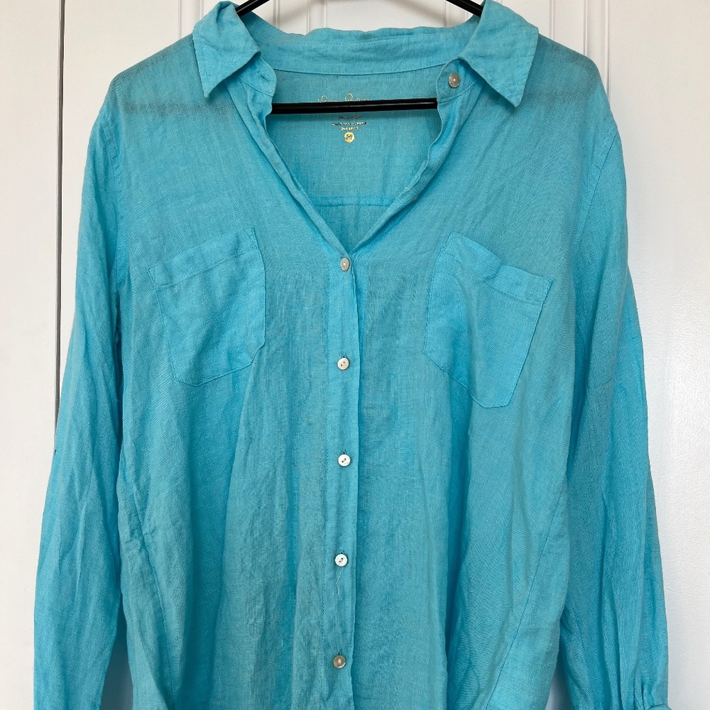 Lilly Pulitzer Linen Top Turquoise/ Teal Size Med